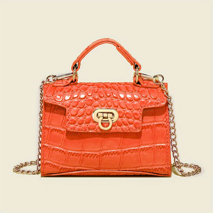 クロコ型押し ショルダーバッグ 無地 チェーンストラップ クロスボディ バックル装飾 トップハンドル レディースバッグ