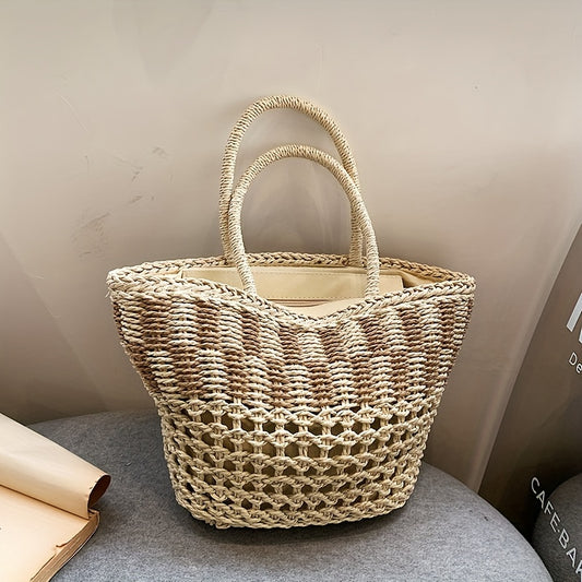 カラーブロック かご風トートサッチェル 軽量 シンプル ハンドバッグ 旅行・ビーチに使える 多用途バッグ