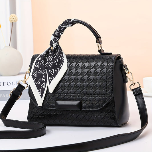 千鳥格子 メッセンジャーバッグ スカーフデザイン PUレザー クロスボディ 万能 通勤用 レディースハンドバッグ