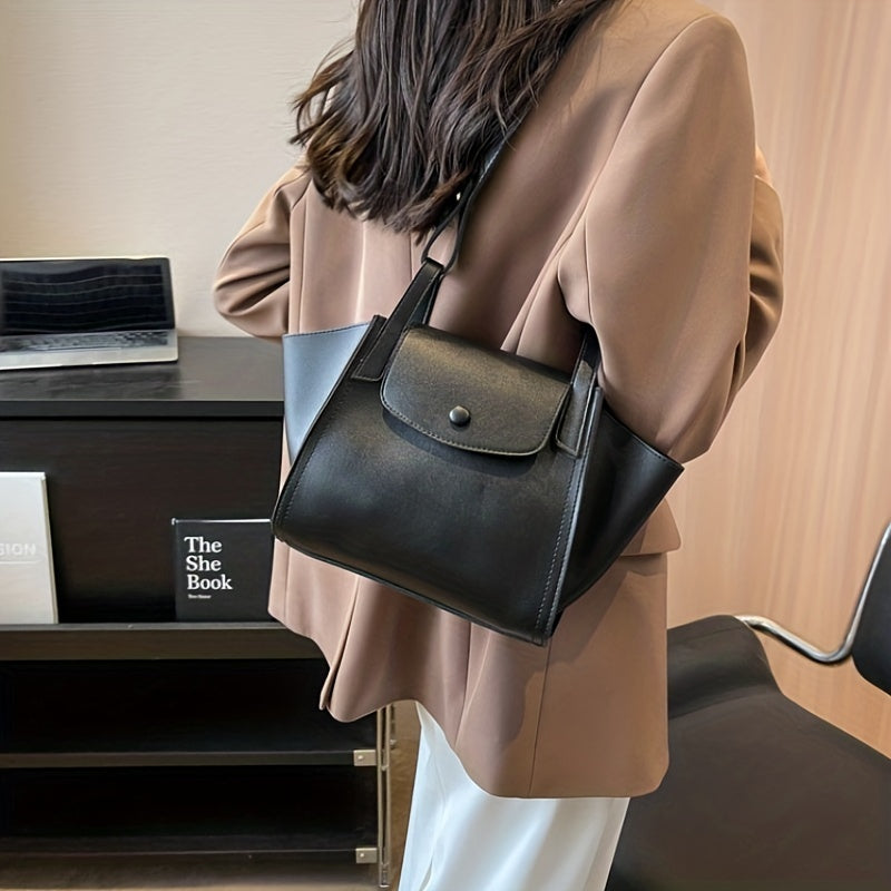 レディース ヴィンテージトートバッグ スナップボタン ショルダーバッグ 通勤向け エレガント フラップハンドバッグ