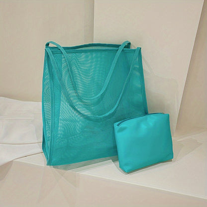 大容量 メッシュ ビーチバッグ 折りたたみ トラベル収納バッグ インナーポーチ付き ポータブルショルダー