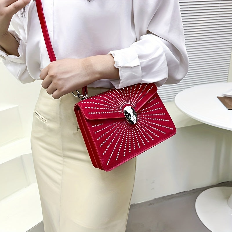 ラインストーン装飾 ハンドバッグ スネークヘッドバックル クロスボディバッグ レディース 小さめ フラップスクエア