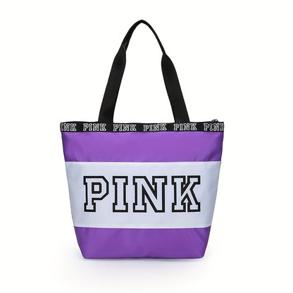 レディース ビーチトートバッグ ピンク カラーブロック ショルダーバッグ カジュアル トラベル ラゲッジバッグ