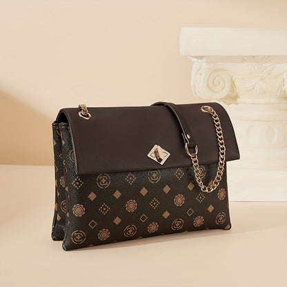 プリント チェーン クロスボディバッグ レディース ターンロック フラップバッグ カジュアル スクエアショルダー