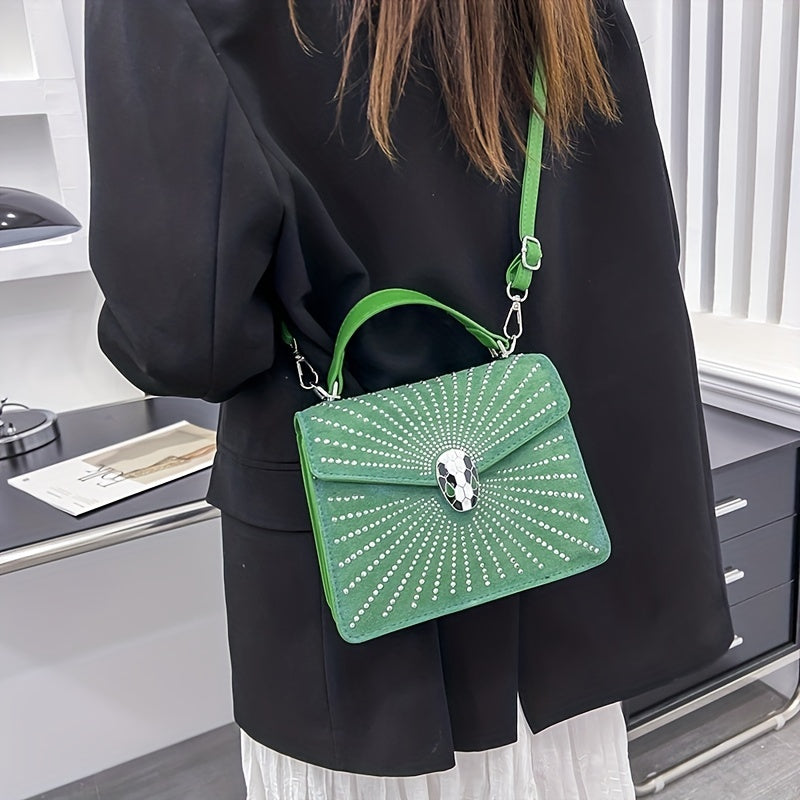 ラインストーン装飾 ハンドバッグ スネークヘッドバックル クロスボディバッグ レディース 小さめ フラップスクエア