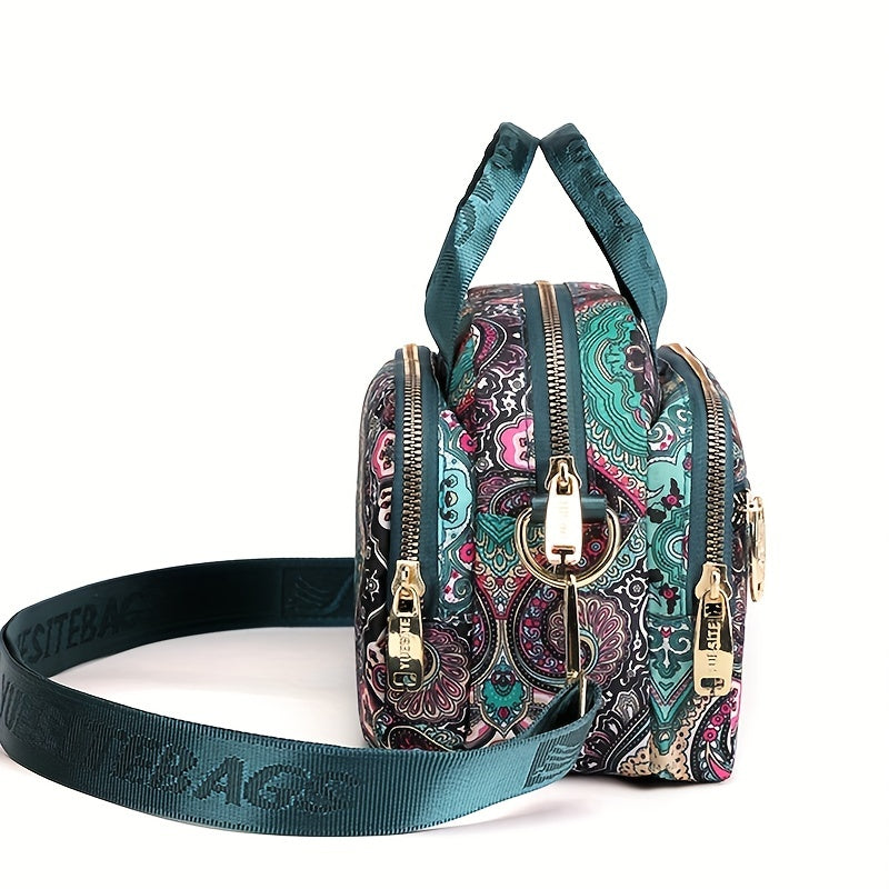 全面ヴィンテージ柄 サッチェルバッグ 軽量 ファスナー収納バッグ 通学にも使える 多用途レディースバッグ