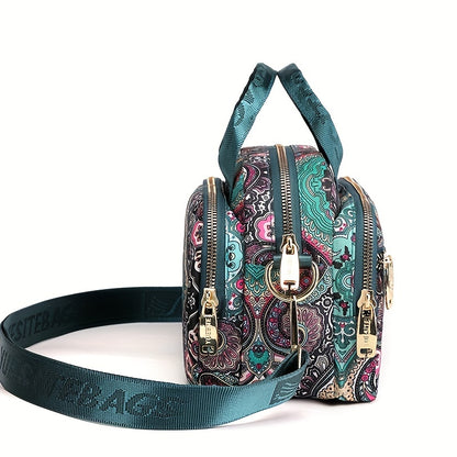 全面ヴィンテージ柄 サッチェルバッグ 軽量 ファスナー収納バッグ 通学にも使える 多用途レディースバッグ