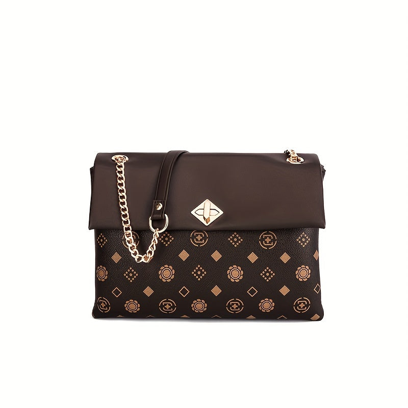 プリント チェーン クロスボディバッグ レディース ターンロック フラップバッグ カジュアル スクエアショルダー