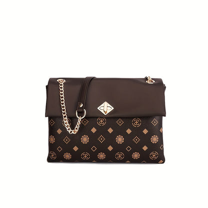 プリント チェーン クロスボディバッグ レディース ターンロック フラップバッグ カジュアル スクエアショルダー