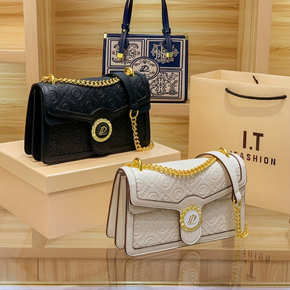 モノグラム型押し ショルダーバッグ エレガント レザー調 ファスナー クロスボディ チェーンフラップ 脇掛けミニバッグ