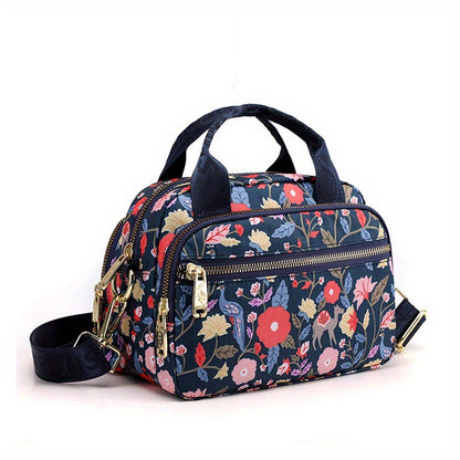 全面ヴィンテージ柄 サッチェルバッグ 軽量 ファスナー収納バッグ 通学にも使える 多用途レディースバッグ