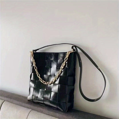 2点セット 編み込みバケットバッグ 大容量 ショルダーバッグ チェーン付き インナーポーチ ハンドバッグ