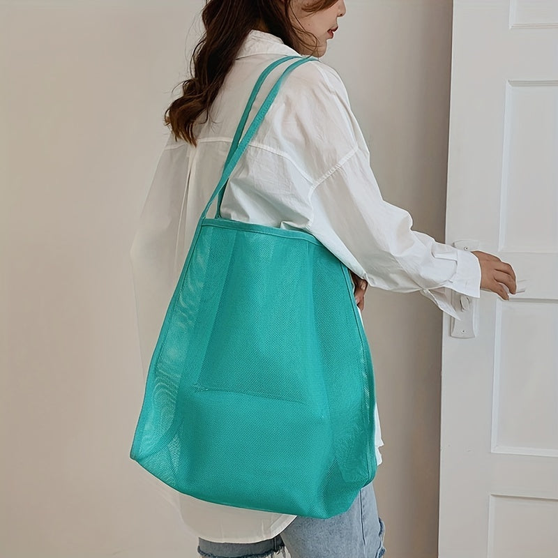 大容量 メッシュ ビーチバッグ 折りたたみ トラベル収納バッグ インナーポーチ付き ポータブルショルダー