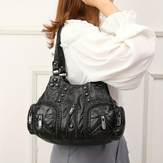 レディース ヴィンテージショルダーバッグ スタッズ装飾 クロスボディ 大容量 ハンドバッグ