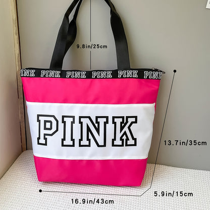 レディース ビーチトートバッグ ピンク カラーブロック ショルダーバッグ カジュアル トラベル ラゲッジバッグ