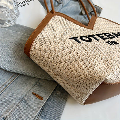 トレンド 編み込み トートバッグ レター柄 ストローショルダーバッグ ショッピング・ビーチに使える レディースバッグ