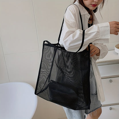 大容量 メッシュ ビーチバッグ 折りたたみ トラベル収納バッグ インナーポーチ付き ポータブルショルダー