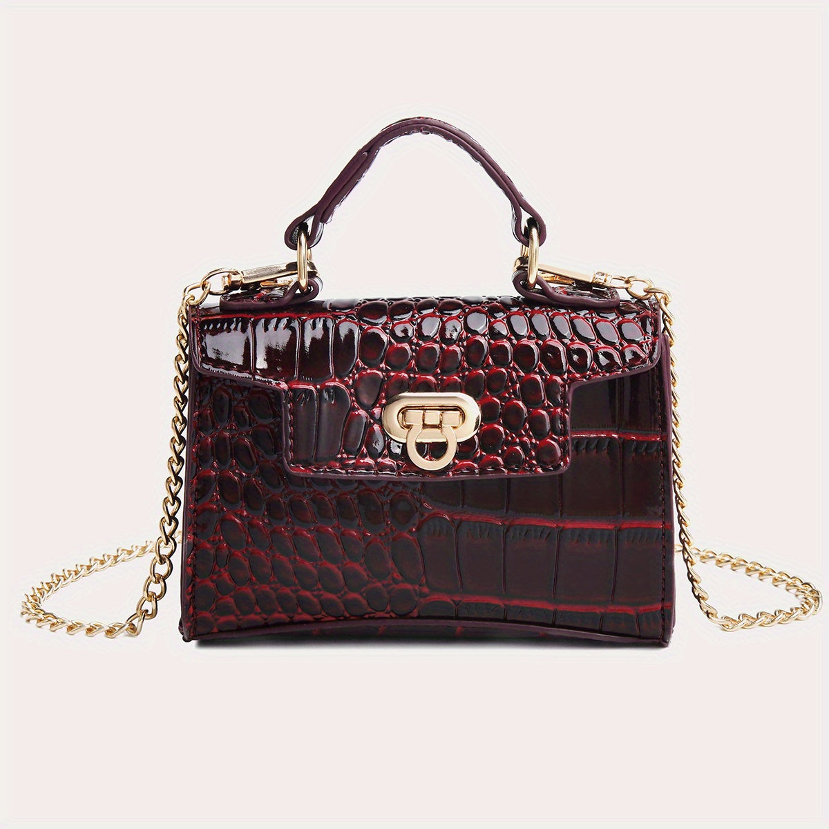 クロコ型押し ショルダーバッグ 無地 チェーンストラップ クロスボディ バックル装飾 トップハンドル レディースバッグ