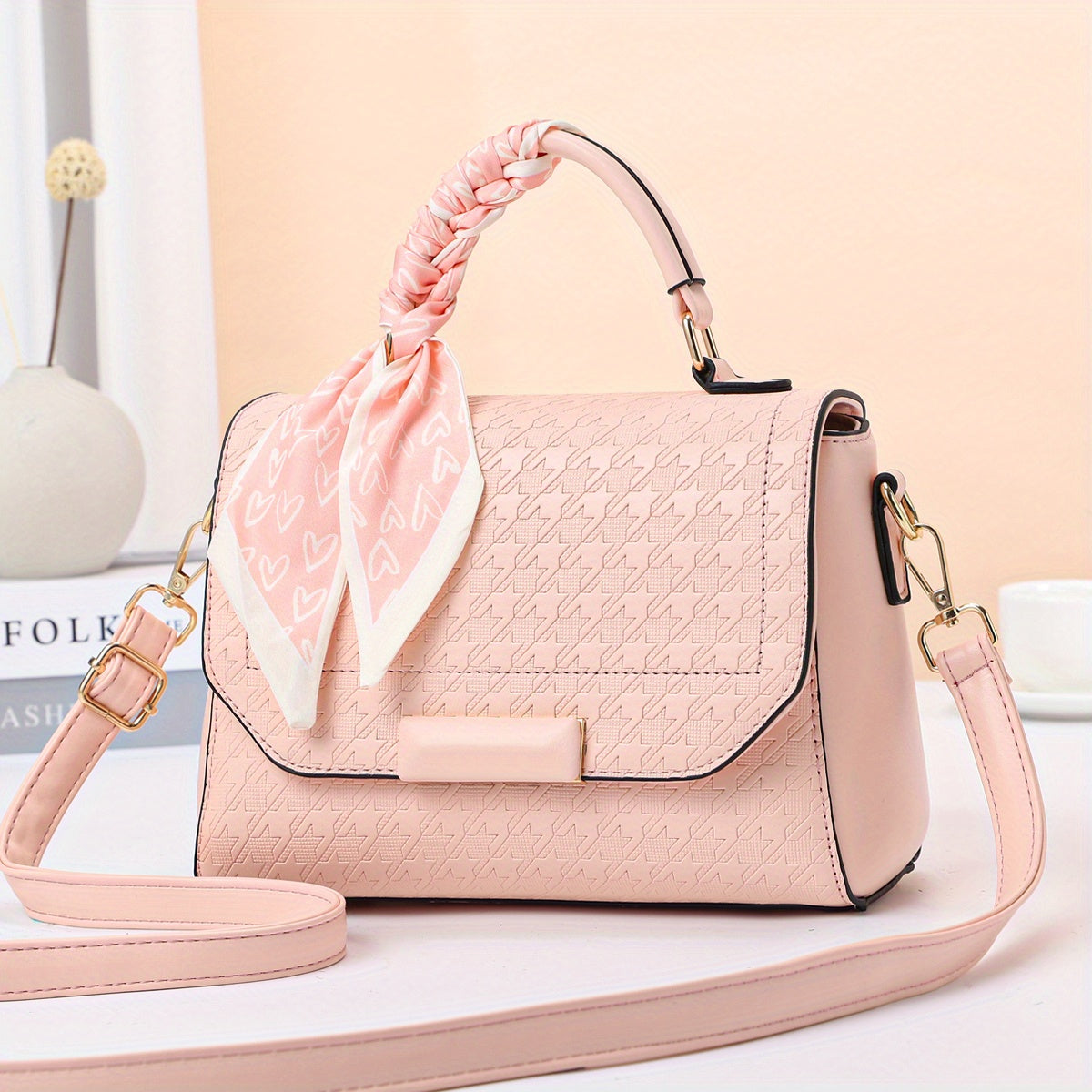 千鳥格子 メッセンジャーバッグ スカーフデザイン PUレザー クロスボディ 万能 通勤用 レディースハンドバッグ