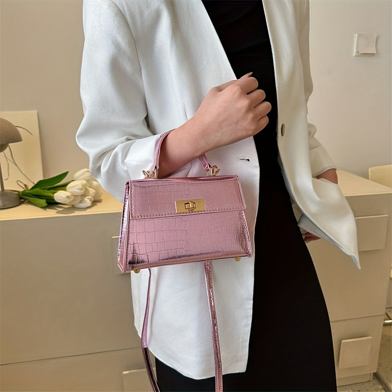 メタリック クロコ型押し ハンドバッグ ターンロック クロスボディバッグ レディース PUレザー フラップデザイン