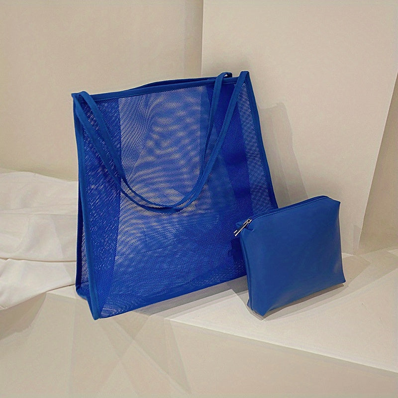 大容量 メッシュ ビーチバッグ 折りたたみ トラベル収納バッグ インナーポーチ付き ポータブルショルダー