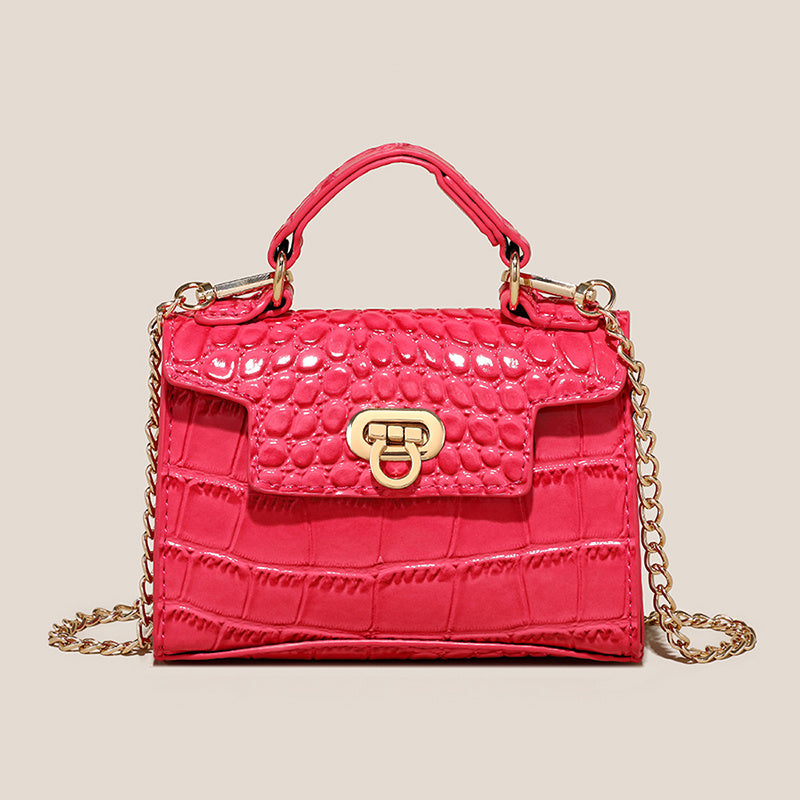 クロコ型押し ショルダーバッグ 無地 チェーンストラップ クロスボディ バックル装飾 トップハンドル レディースバッグ