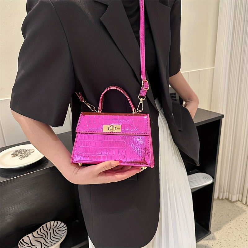 メタリック クロコ型押し ハンドバッグ ターンロック クロスボディバッグ レディース PUレザー フラップデザイン