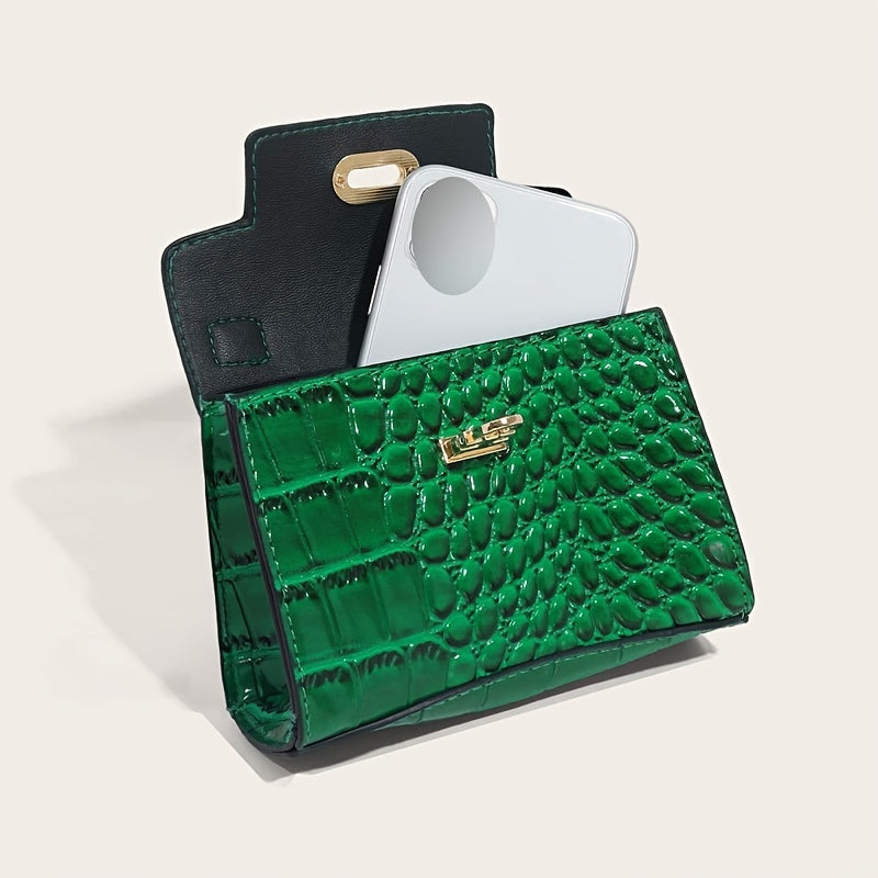 クロコ型押し ショルダーバッグ 無地 チェーンストラップ クロスボディ バックル装飾 トップハンドル レディースバッグ