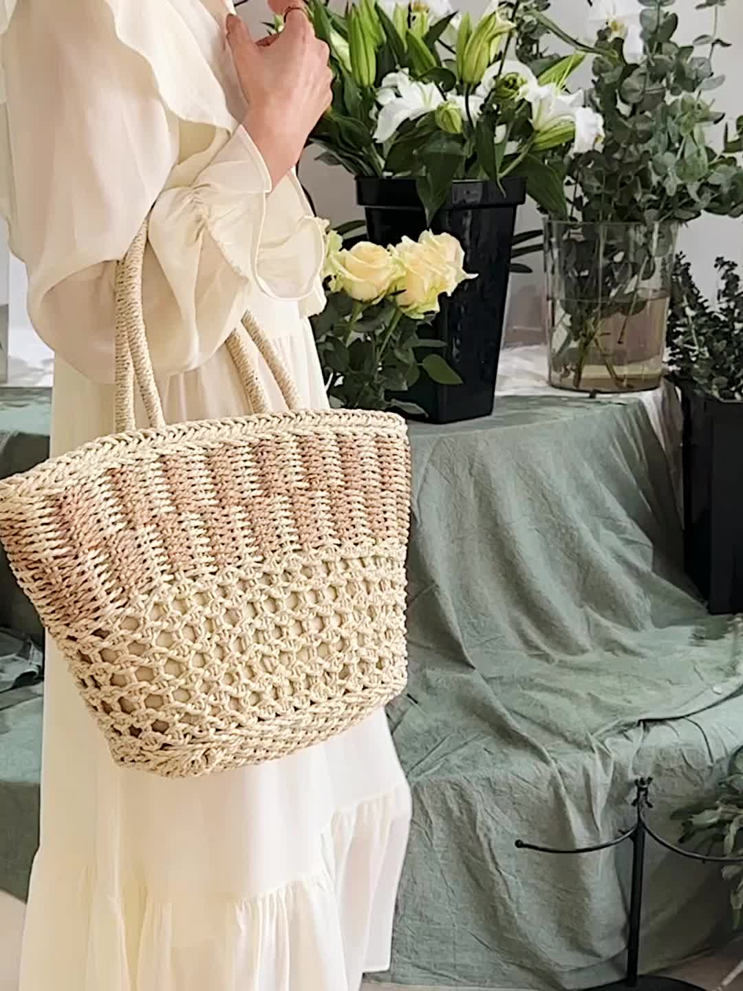 カラーブロック かご風トートサッチェル 軽量 シンプル ハンドバッグ 旅行・ビーチに使える 多用途バッグ