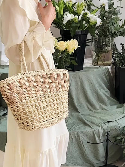 カラーブロック かご風トートサッチェル 軽量 シンプル ハンドバッグ 旅行・ビーチに使える 多用途バッグ