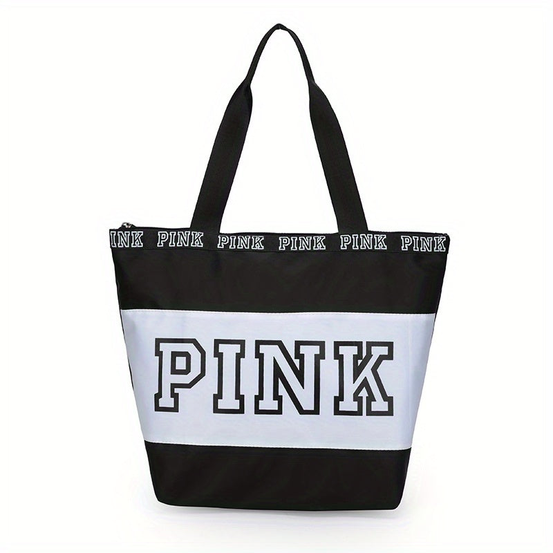 レディース ビーチトートバッグ ピンク カラーブロック ショルダーバッグ カジュアル トラベル ラゲッジバッグ