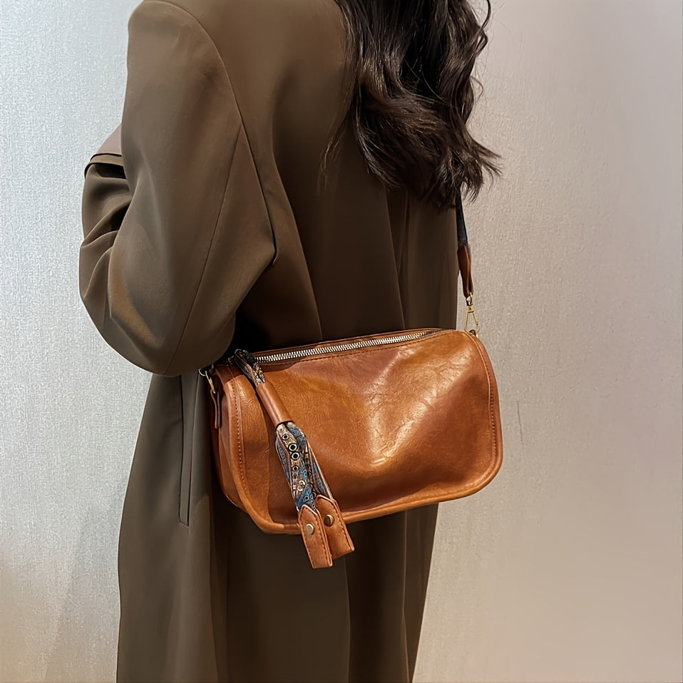 レトロスタイル ショルダーバッグ ファスナー付き メッセンジャーバッグ レディース フェイクレザー クロスボディ