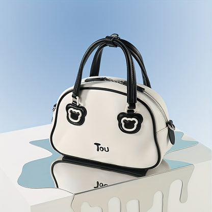 TOUTOU カートゥーン ボストンバッグ かわいいクマパッチ付き ハンドバッグ レディース 小さめ フェイクレザー サッチェル