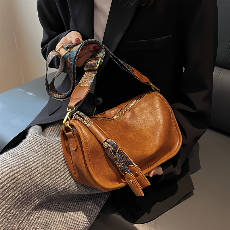 レトロスタイル ショルダーバッグ ファスナー付き メッセンジャーバッグ レディース フェイクレザー クロスボディ