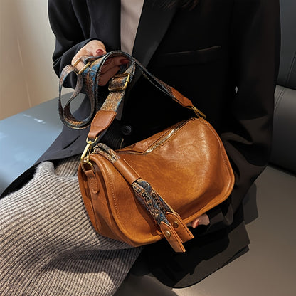 レトロスタイル ショルダーバッグ ファスナー付き メッセンジャーバッグ レディース フェイクレザー クロスボディ