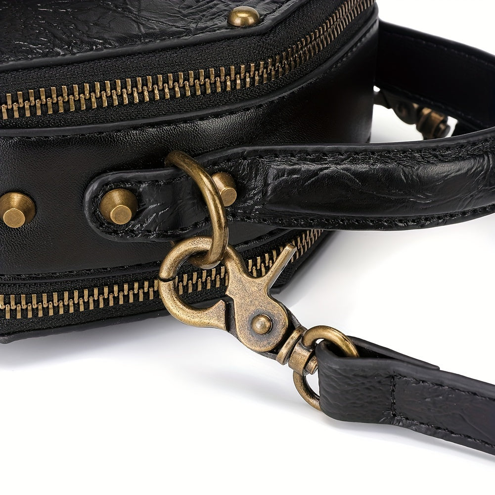 ヴィンテージ時計デザイン パンクショルダーバッグ レトロ ファスナーサッチェルバッグ レディース クラシックデザインバッグ