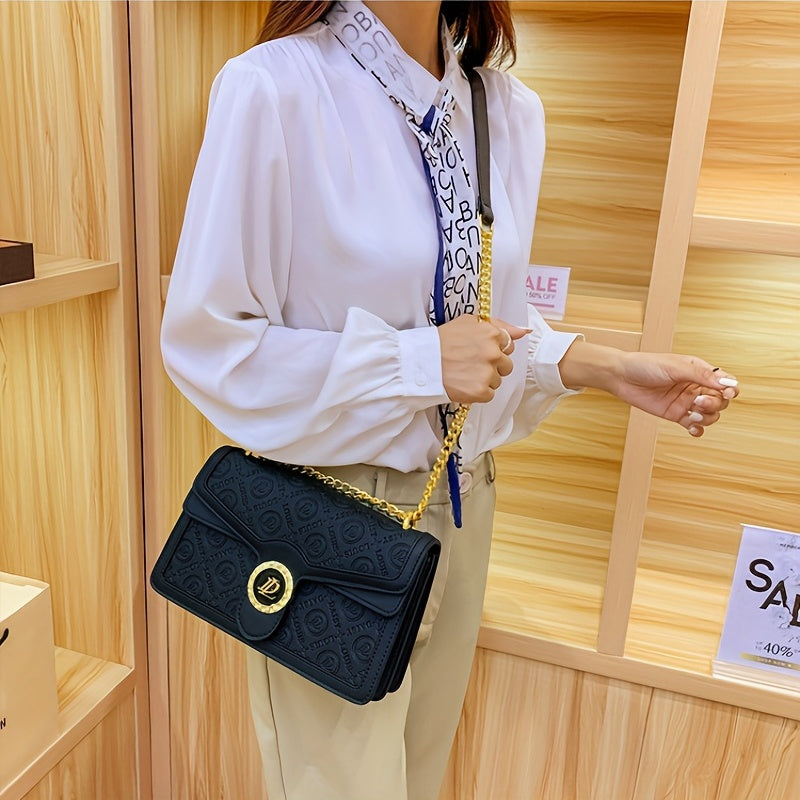モノグラム型押し ショルダーバッグ エレガント レザー調 ファスナー クロスボディ チェーンフラップ 脇掛けミニバッグ