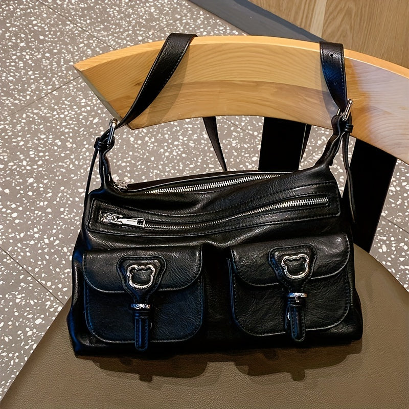 TOUTOU レトロスタイル ホーボーバッグ Y2K ポケットデザイン フロントショルダー レディース 大容量 クロスボディバッグ