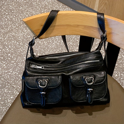 TOUTOU レトロスタイル ホーボーバッグ Y2K ポケットデザイン フロントショルダー レディース 大容量 クロスボディバッグ