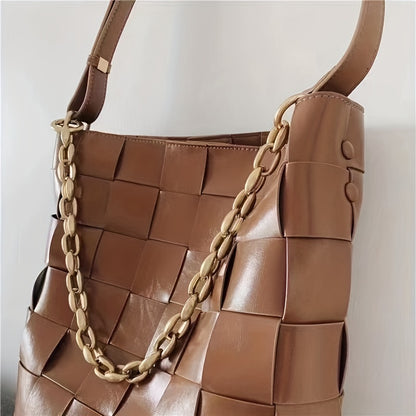 2点セット 編み込みバケットバッグ 大容量 ショルダーバッグ チェーン付き インナーポーチ ハンドバッグ