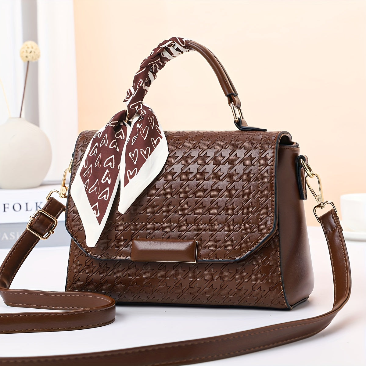 千鳥格子 メッセンジャーバッグ スカーフデザイン PUレザー クロスボディ 万能 通勤用 レディースハンドバッグ