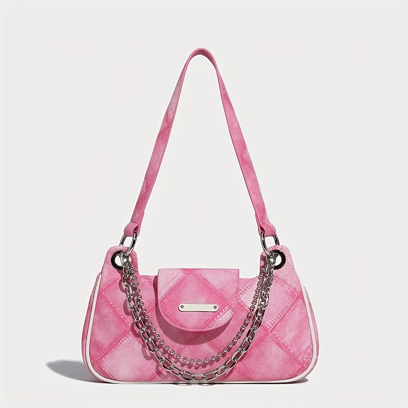 ファッション アーガイル柄ショルダーバッグ ヴィンテージ風 チェーンバゲットバッグ レディース スクエア脇掛けミニバッグ