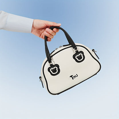 TOUTOU カートゥーン ボストンバッグ かわいいクマパッチ付き ハンドバッグ レディース 小さめ フェイクレザー サッチェル