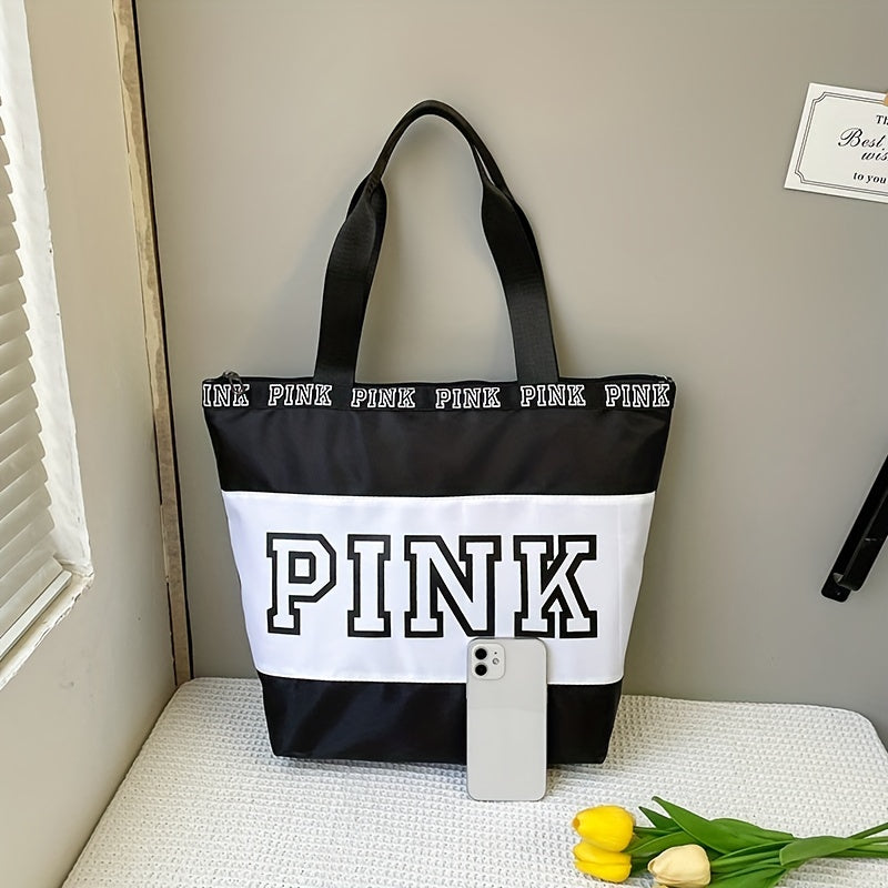 レディース ビーチトートバッグ ピンク カラーブロック ショルダーバッグ カジュアル トラベル ラゲッジバッグ