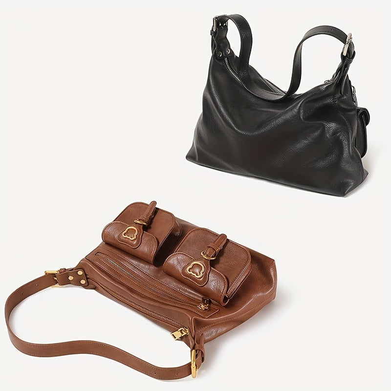 TOUTOU レトロスタイル ホーボーバッグ Y2K ポケットデザイン フロントショルダー レディース 大容量 クロスボディバッグ