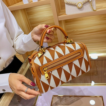 カーキ アーガイル幾何柄 カラーブロック ショルダーバッグ ファスナー付き ポータブルハンドル クロスボディ 大容量 エレガント ハンドバッグ レディース