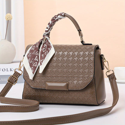 千鳥格子 メッセンジャーバッグ スカーフデザイン PUレザー クロスボディ 万能 通勤用 レディースハンドバッグ