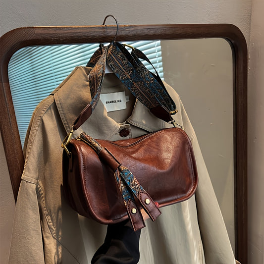 レトロスタイル ショルダーバッグ ファスナー付き メッセンジャーバッグ レディース フェイクレザー クロスボディ