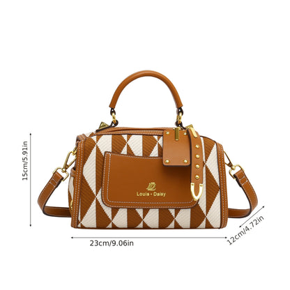 カーキ アーガイル幾何柄 カラーブロック ショルダーバッグ ファスナー付き ポータブルハンドル クロスボディ 大容量 エレガント ハンドバッグ レディース