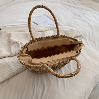 カラーブロック かご風トートサッチェル 軽量 シンプル ハンドバッグ 旅行・ビーチに使える 多用途バッグ